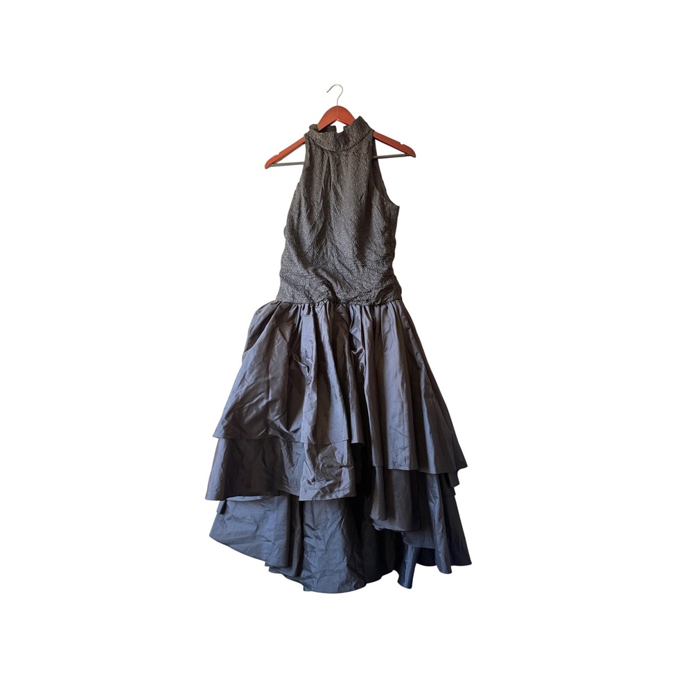 Vintage Black High Neck Halter Tiered High Low Gown Dress Sz small party
